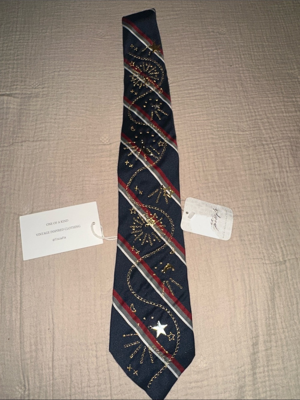 Tricia Fix Navy Tie White & Gold Embroidery